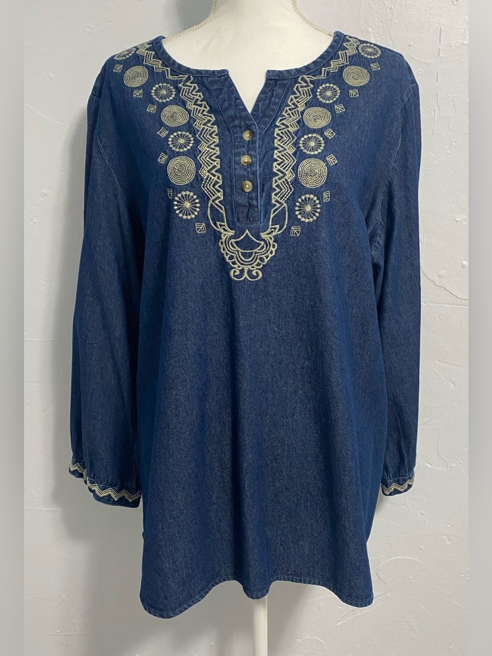 Embroidered Navy Tunic Top with Cream Accents